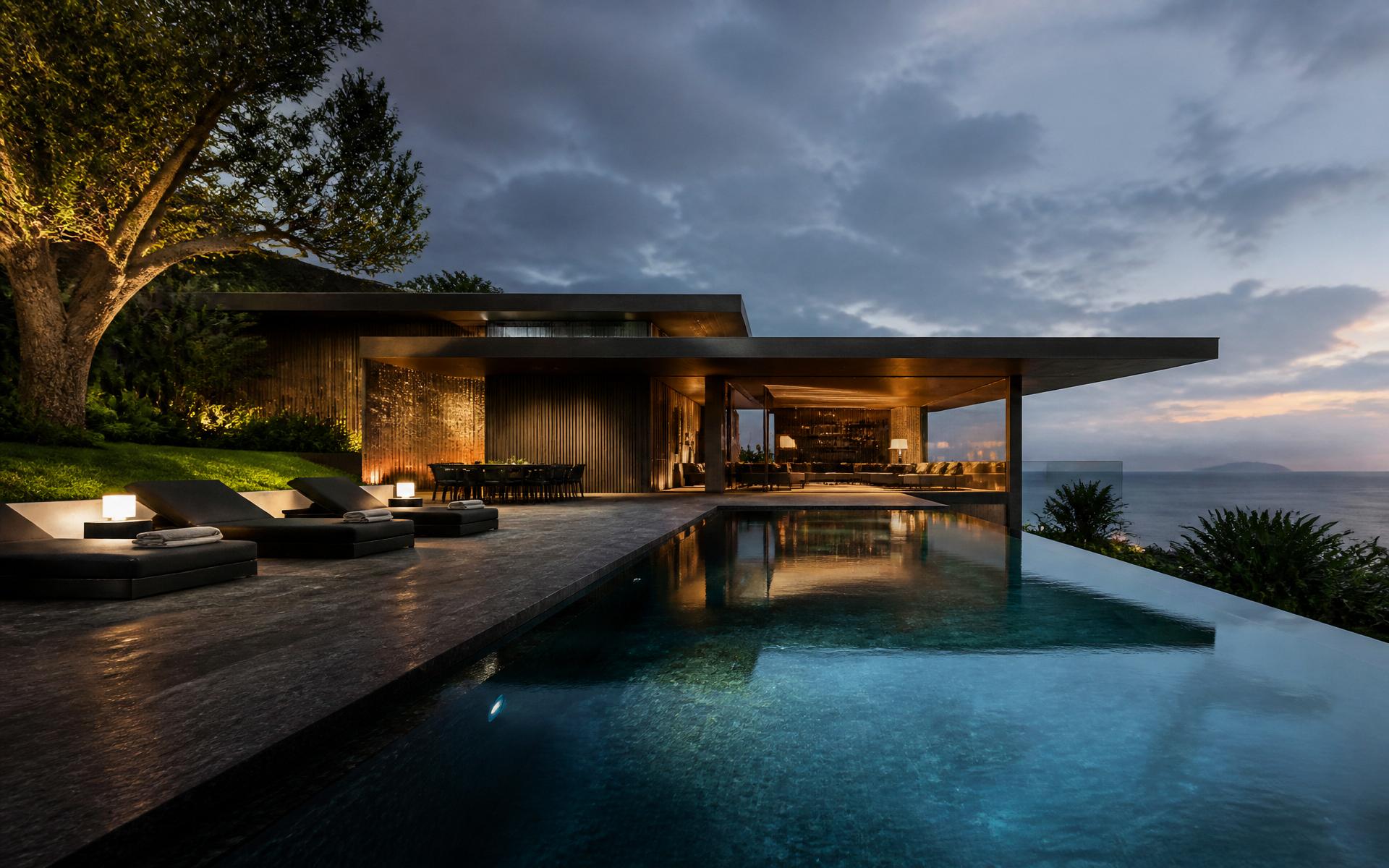 Residência contemporânea com piscina de borda infinita e paisagismo de alto padrão ao entardecer